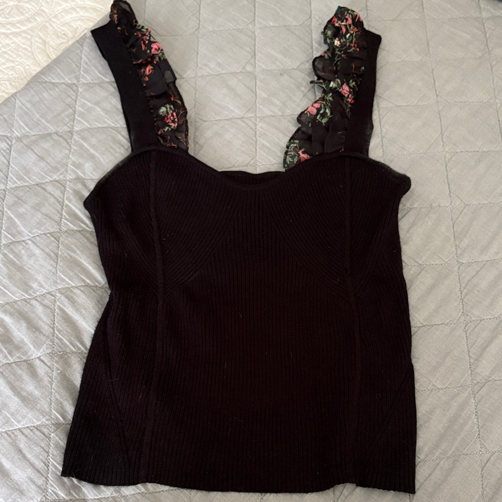 Maeve Black Ribbed Tank with Floral Straps